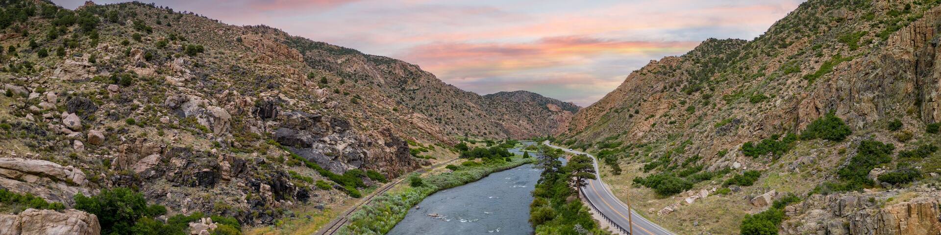 Aerial panorama photo Arkansas river between mountains at Cotopaxi Colorado