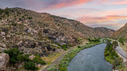 Aerial panorama photo Arkansas river between mountains at Cotopaxi Colorado