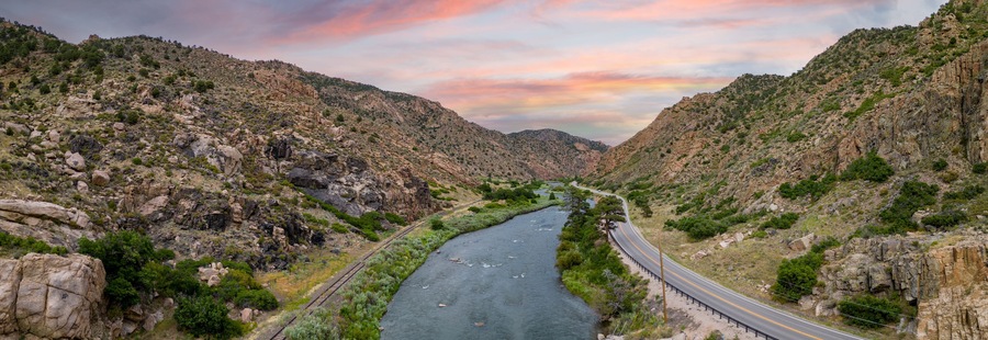 Aerial panorama photo Arkansas river between mountains at Cotopaxi Colorado