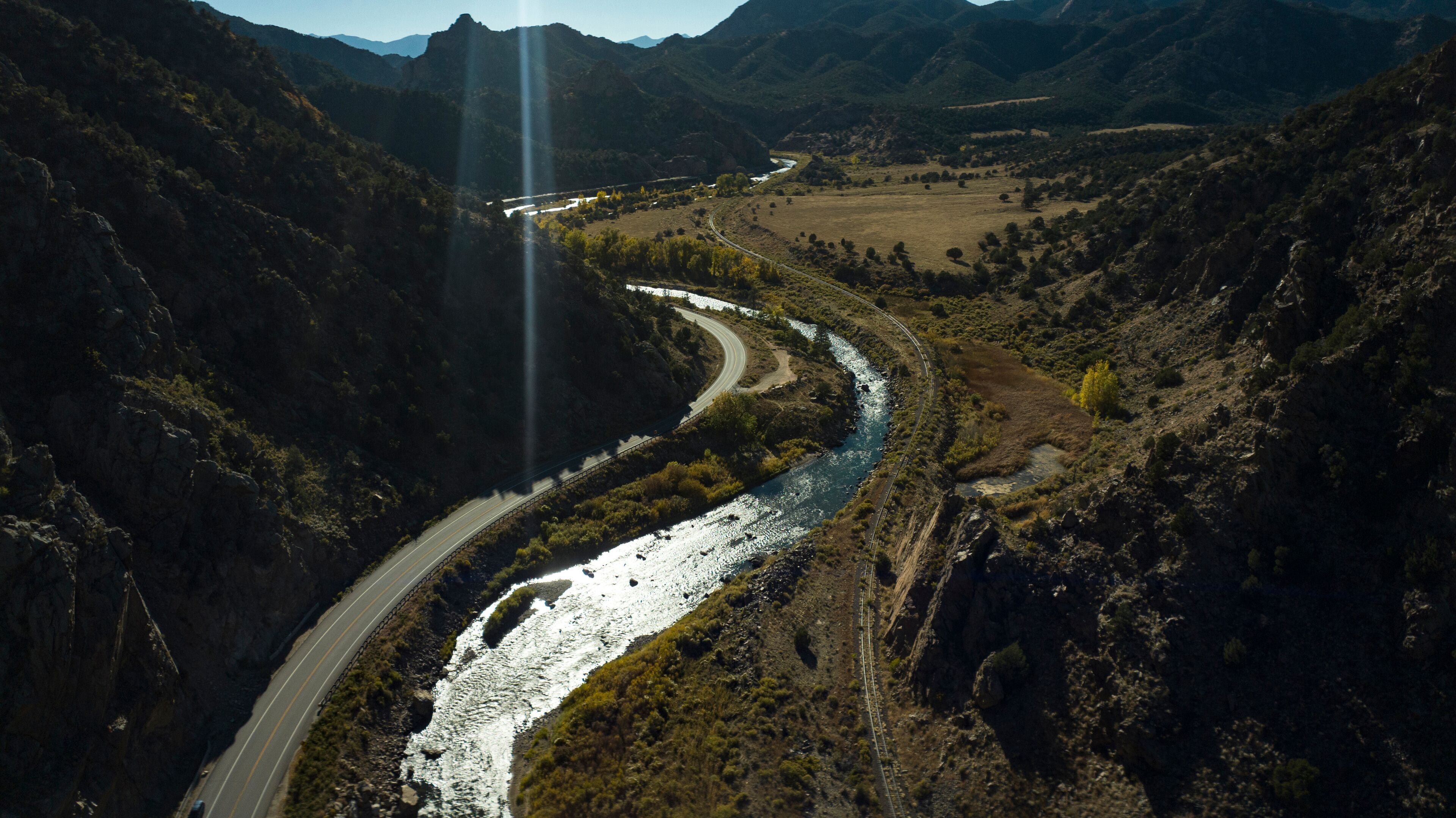 OCTOBER 15, 2023 - COTOPAXI COLORADO, USA - Arkansas River runs along Highway 50 near Cotopaxi CO., in canyon with rocks above it