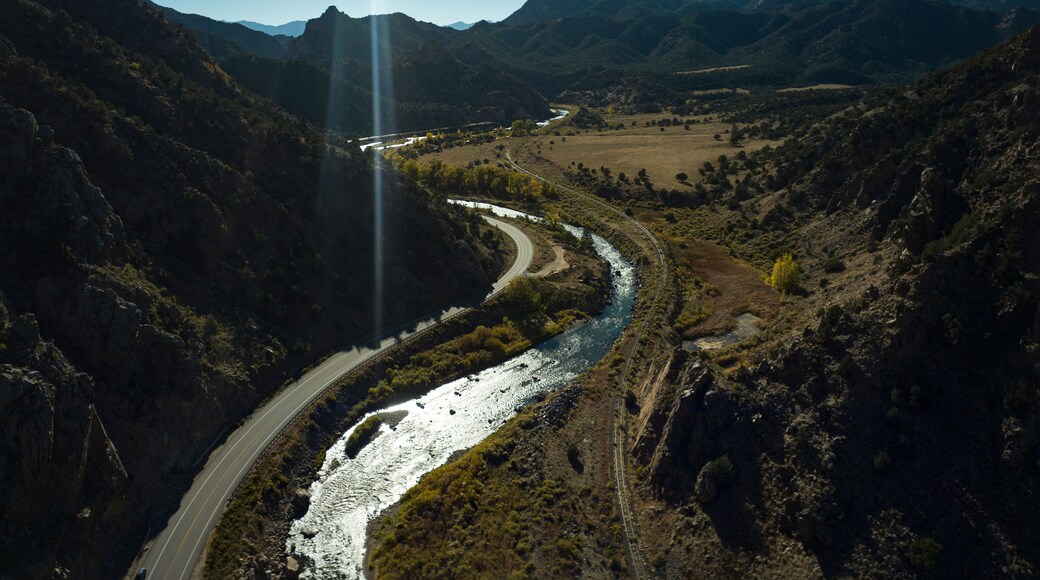 OCTOBER 15, 2023 - COTOPAXI COLORADO, USA - Arkansas River runs along Highway 50 near Cotopaxi CO., in canyon with rocks above it