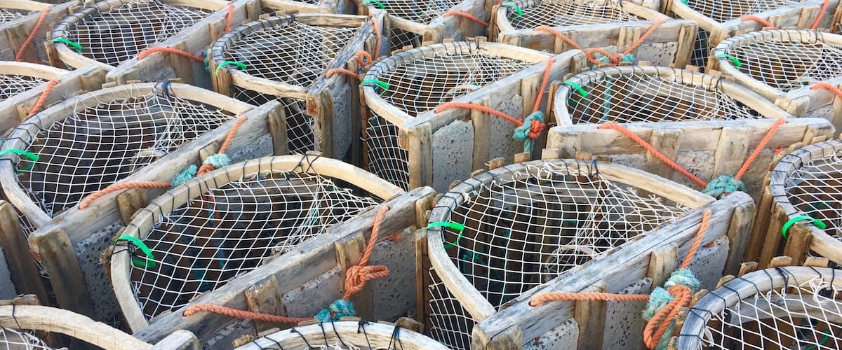 A collection of wooden lobster traps with metal mesh and ropes.