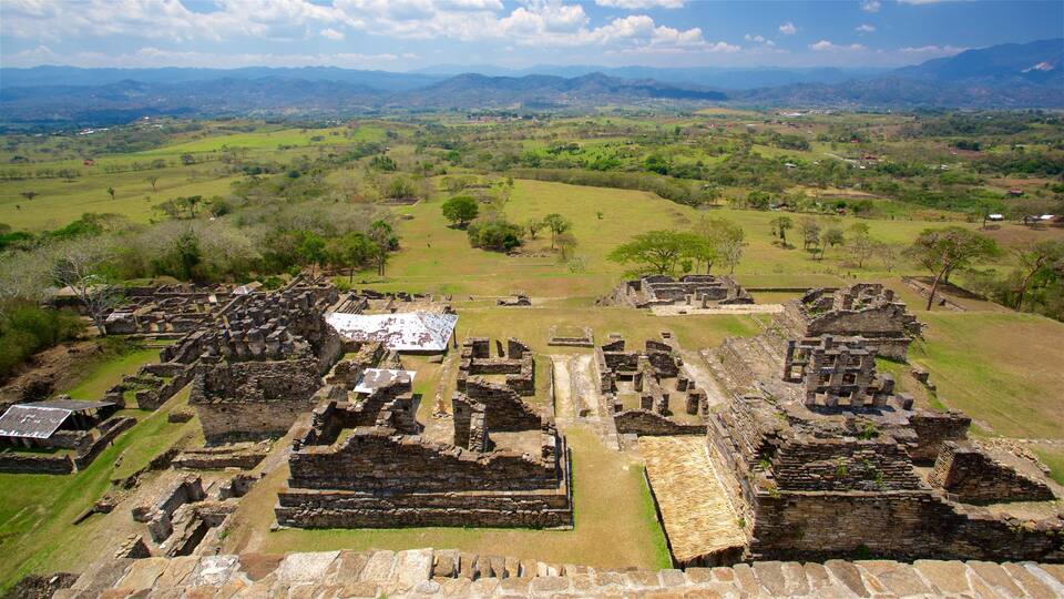 Ancient ruins with stone structures and a grassy landscape with distant mountains.