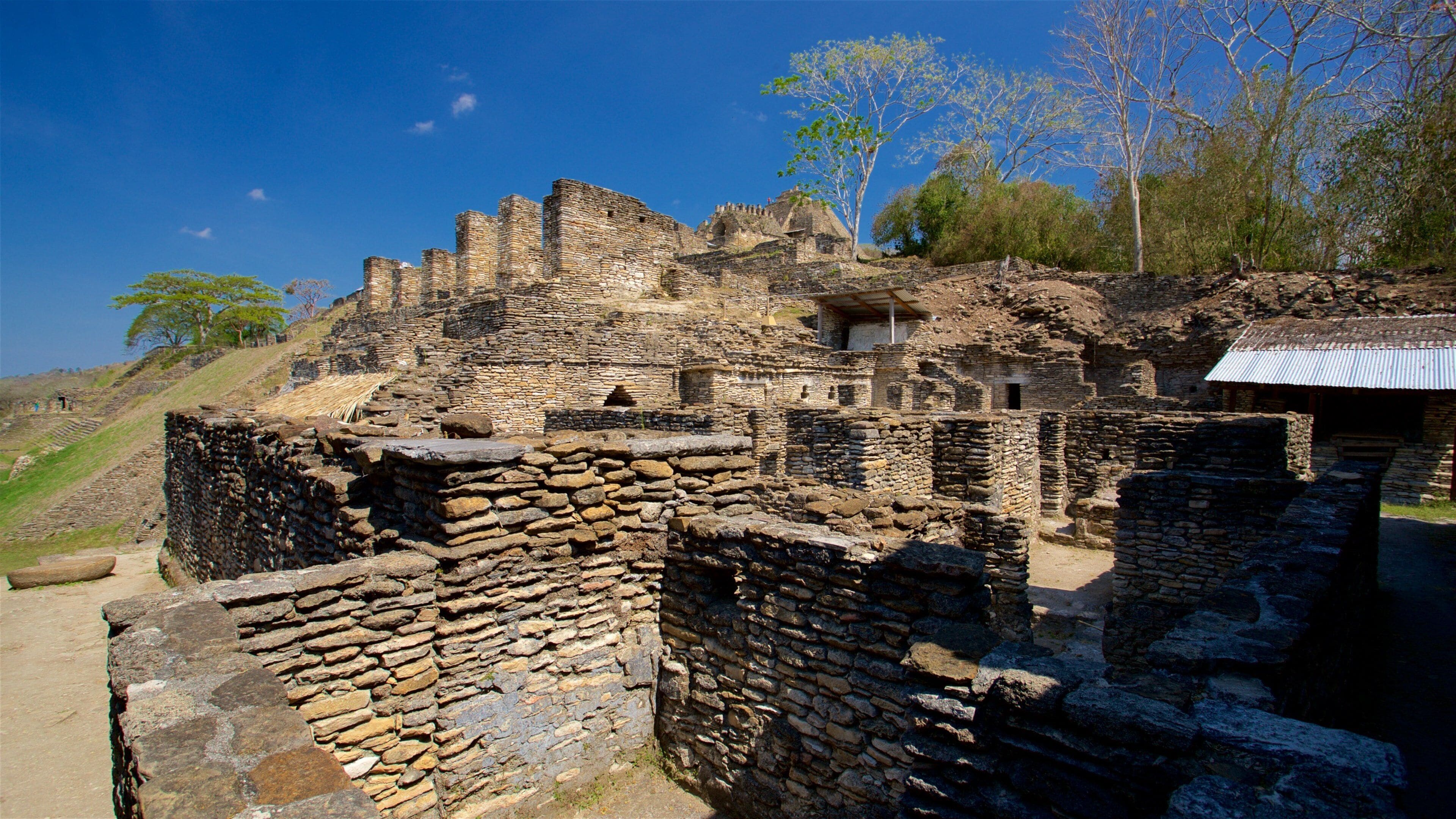 Ancient stone ruins with a small building and a tree in the background.