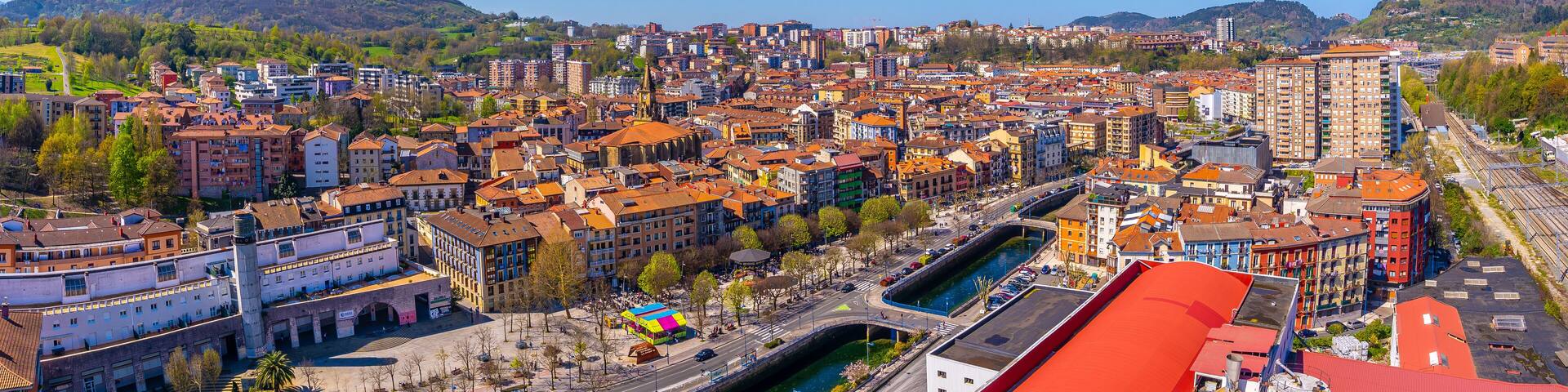 Panoramic aerial view of the Errenteria city skyline from above. Gipuzkoa, Basque Country. Spain