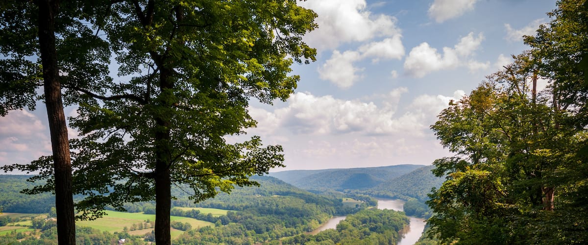A river winding through a forested valley with hills in the background.