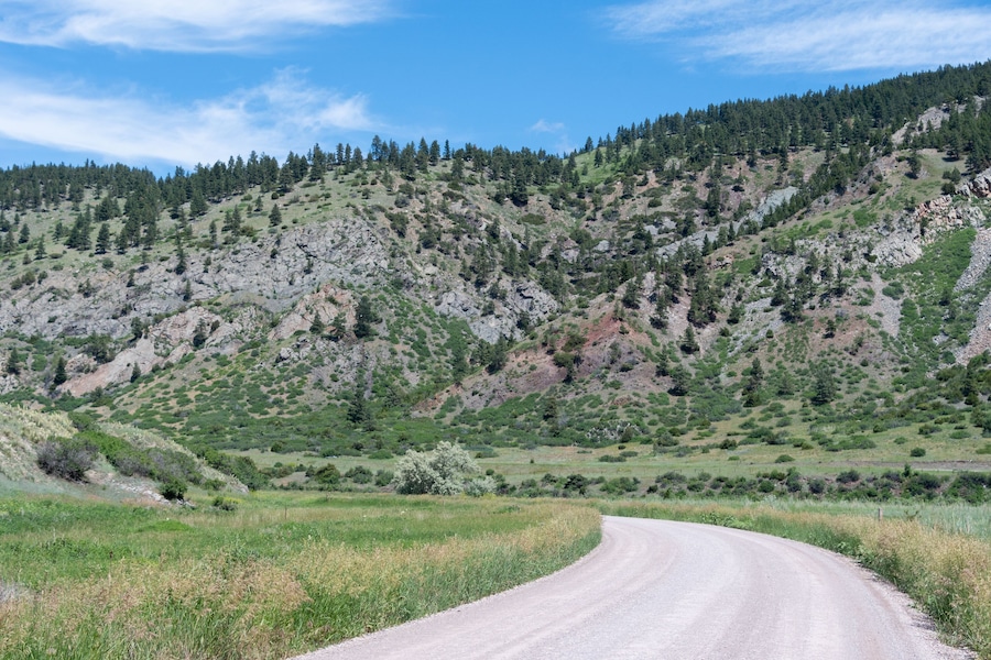 Holter Dam Road runs alongside the Missouri River in Montana and is a scenic area popular with those who enjoy fly fishing.