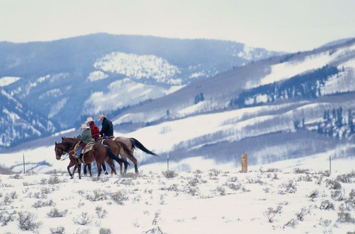 A group of people riding horses on a snow-covered landscape with mountains in the background.