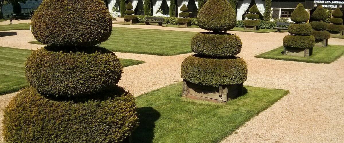 A formal garden with geometrically shaped topiary trees and a building labeled "ENTREE DES JARDINS BOUTIQUE" in the background.