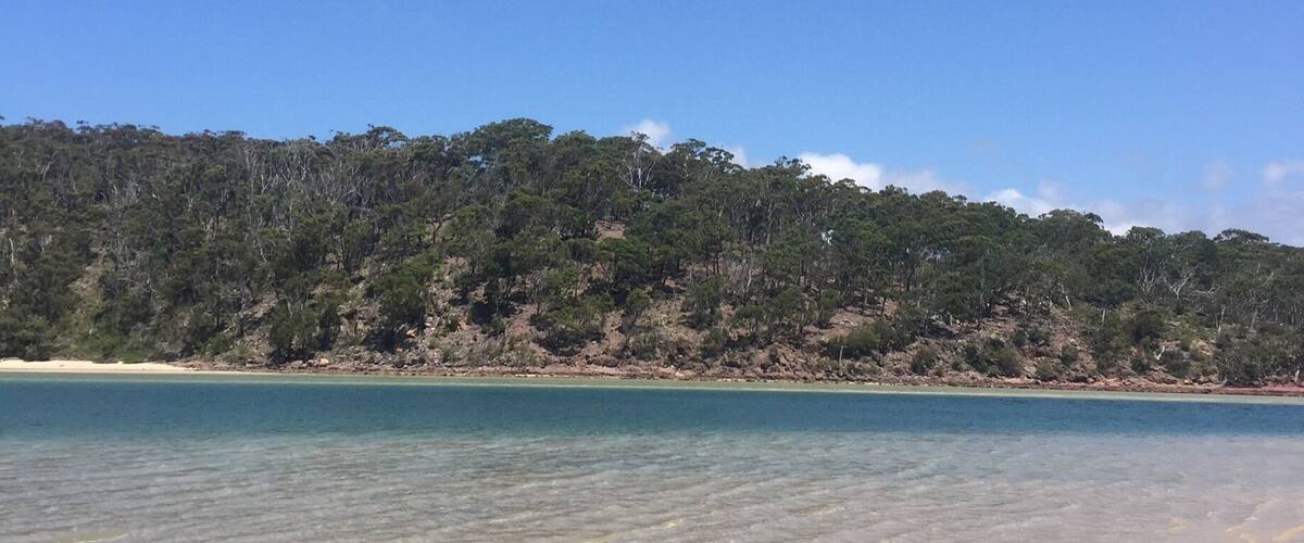 A beach with clear turquoise water and a forested hill in the background.