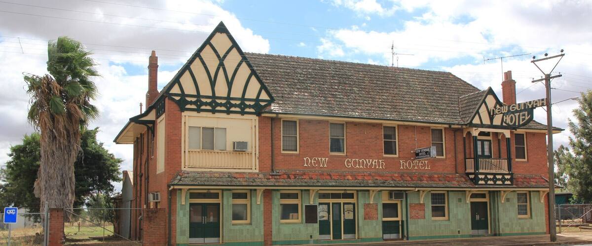 A historic building with a sign reading "New Goonah Hotel."