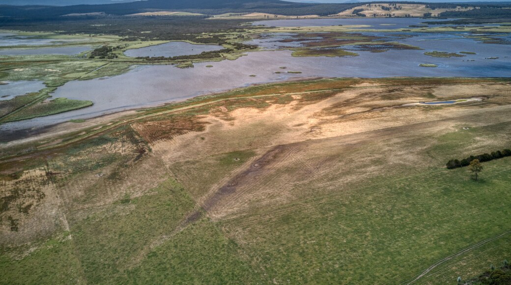 Aerial photo of the flood plains of the Lake Curlip Wildlife Reserve, alongside the Snowy River, near Marlo, in Gippsland, Victoria, Australia, December 2020