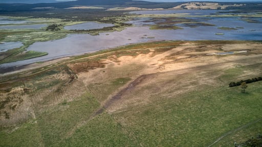 Aerial photo of the flood plains of the Lake Curlip Wildlife Reserve, alongside the Snowy River, near Marlo, in Gippsland, Victoria, Australia, December 2020