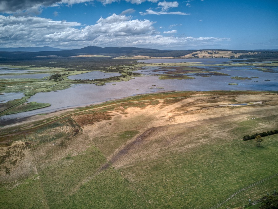 Aerial photo of the flood plains of the Lake Curlip Wildlife Reserve, alongside the Snowy River, near Marlo, in Gippsland, Victoria, Australia, December 2020