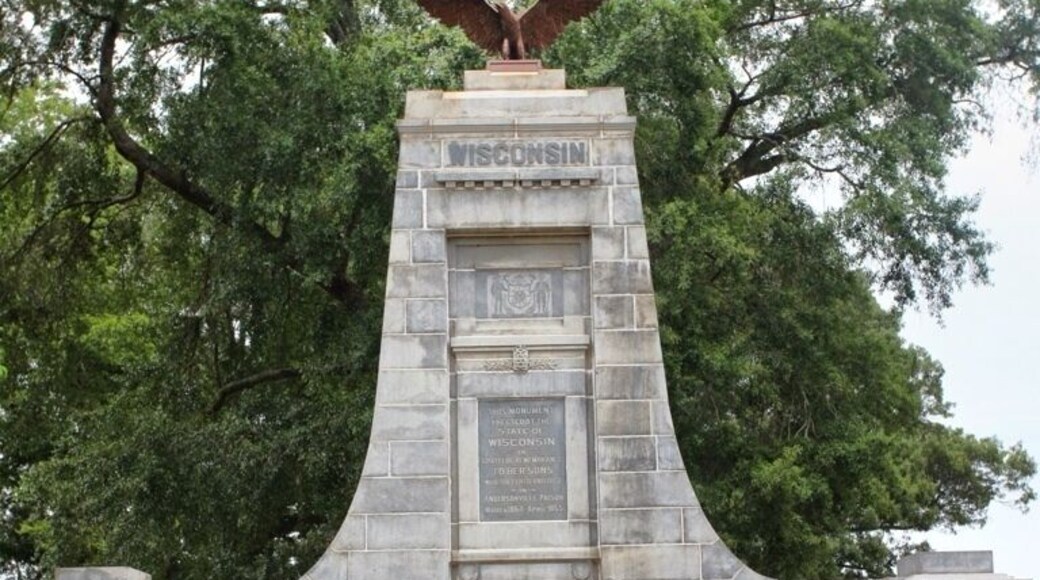 Authorized in 1903 and dedicated on 17 October 1907, the Wisconsin monument is located at the northwest corner of the stockade and more or less dominates the prison site landscape.
It is constructed of Georgia granite, the top being surmounted by a large American eagle cast in bronze.