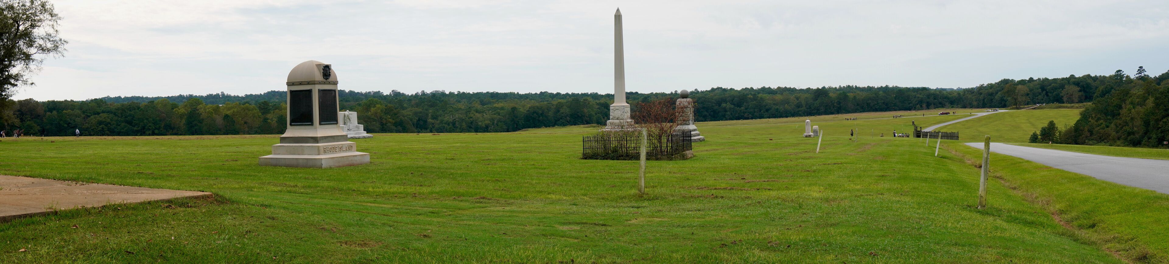 Andersonville, Georgia: Andersonville National Historic Site. Panoramic view of Civil War Prison Camp, Andersonville Prison, Camp Sumter. Memorials dedicated by union states.
