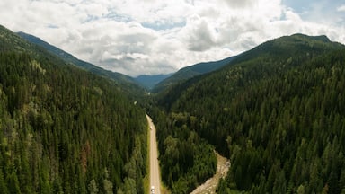 Aerial Panoramic View of a Scenic Highway in the Valley surrounded by Canadian Mountain Landscape. Taken near Salmo, British Columbia, Canada.