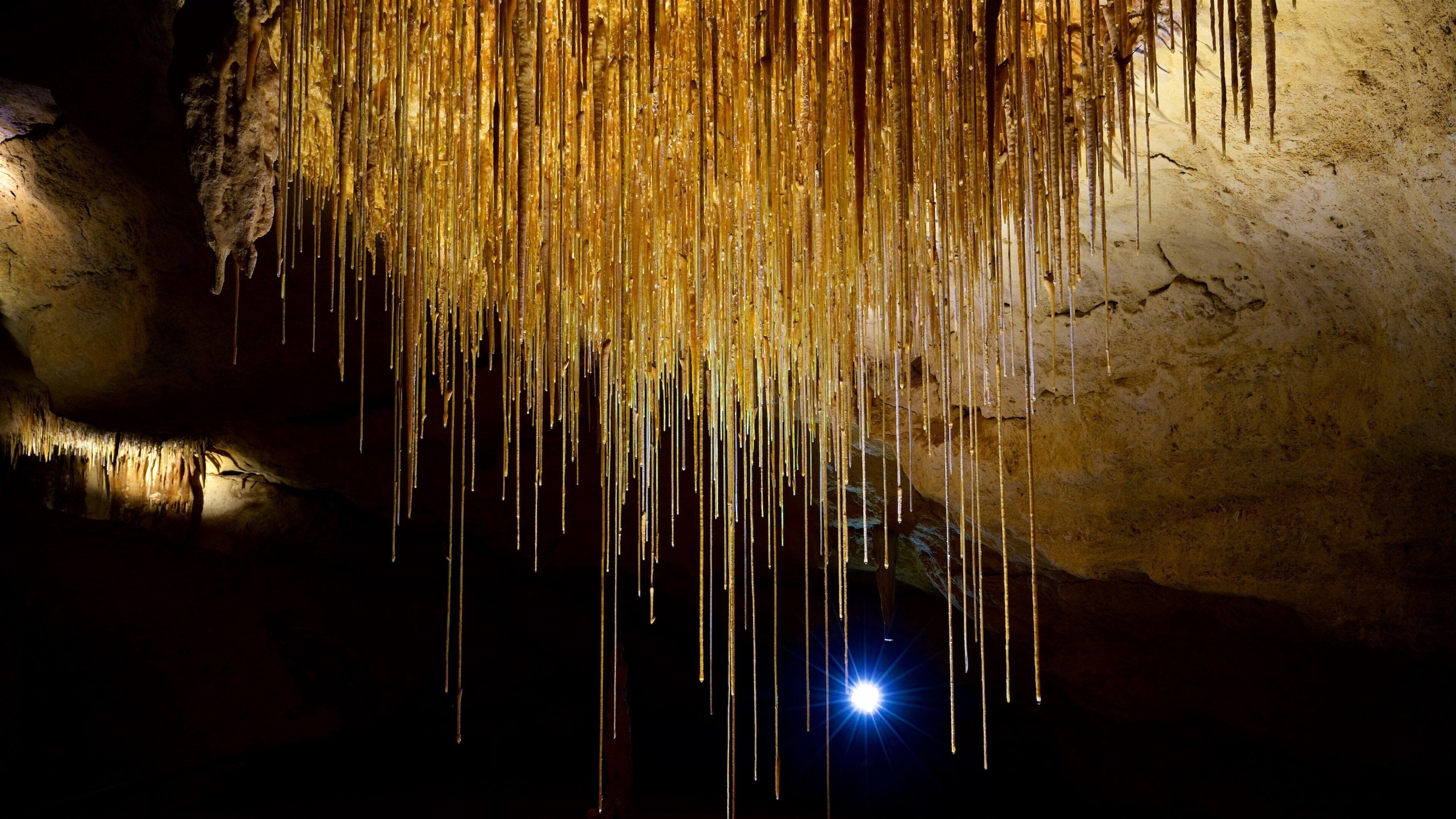 A cave with golden stalactites hanging from the ceiling.