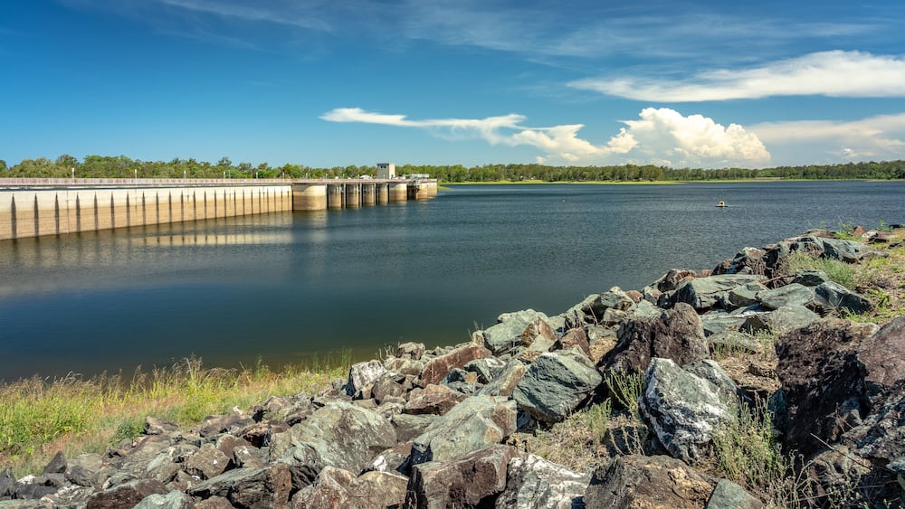 North Pine Dam built in 1976 with a concrete spillway across the North Pine River in South East Queensland, Australia