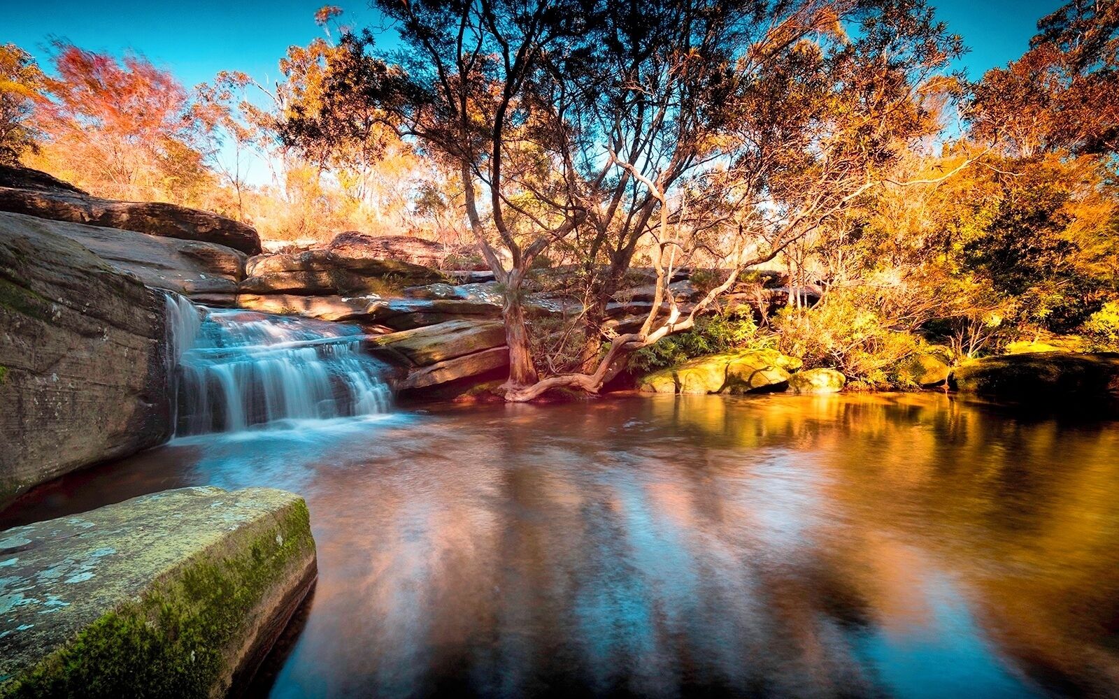 Une cascade d’eau se précipitant sur des rochers, entourée d’arbres aux couleurs automnales.