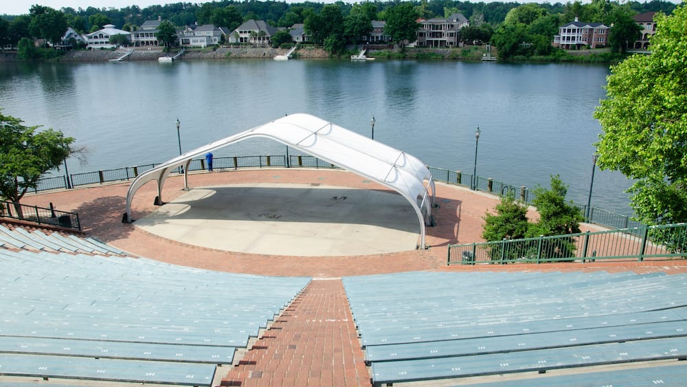 Looking down at the small open air theater on the lower lever on the Augusta Georgia river walk
