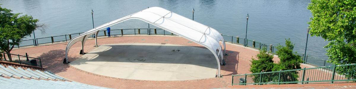 Looking down at the small open air theater on the lower lever on the Augusta Georgia river walk
