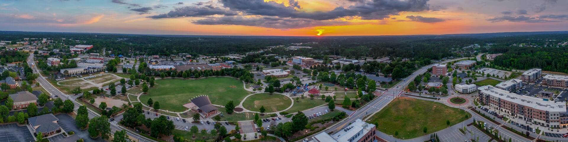 Aerial landscape from Evans Town Center Park summer sunset in CSRA Augusta Georgia