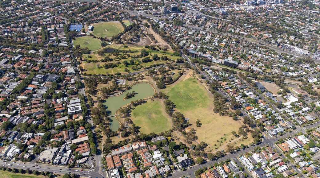 Aerial view of elsternwick park and residential area with trees and ponds, brighton, victoria, australia.