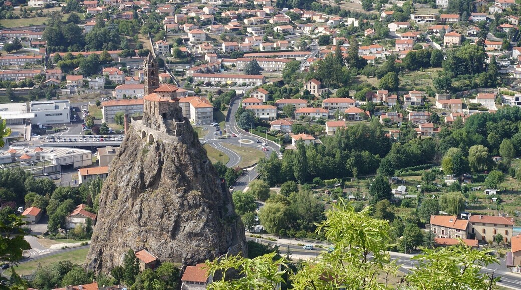 A chapel on top of a volcanic plug in Aiguilhe. There are stairs going up to the chapel. They have a defibrillator inside the chapel, in case your heart needs a jump start.