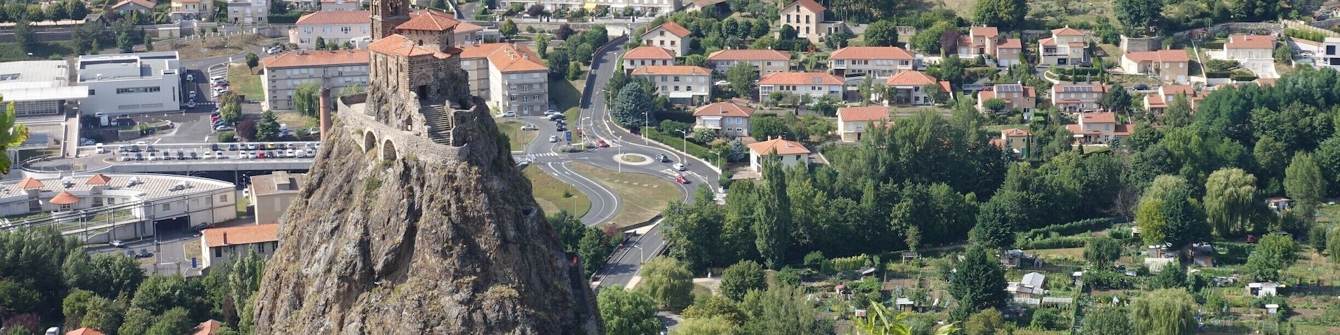 A chapel on top of a volcanic plug in Aiguilhe. There are stairs going up to the chapel. They have a defibrillator inside the chapel, in case your heart needs a jump start.