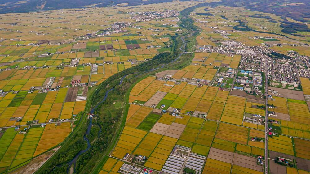 After taking off from Asahikawa Airport in Hokkaido, Japan, an aerial view reveals Higashikagura Town to the east (in the middle right) and the Chubetsu River (in the center).