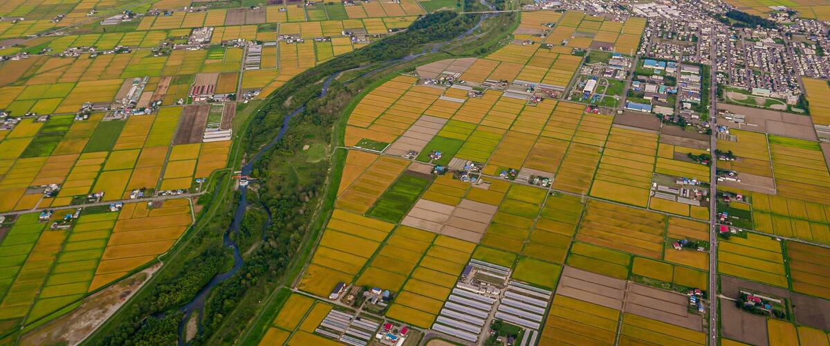 An aerial view of a rural landscape with a winding river, agricultural fields, and a small town.