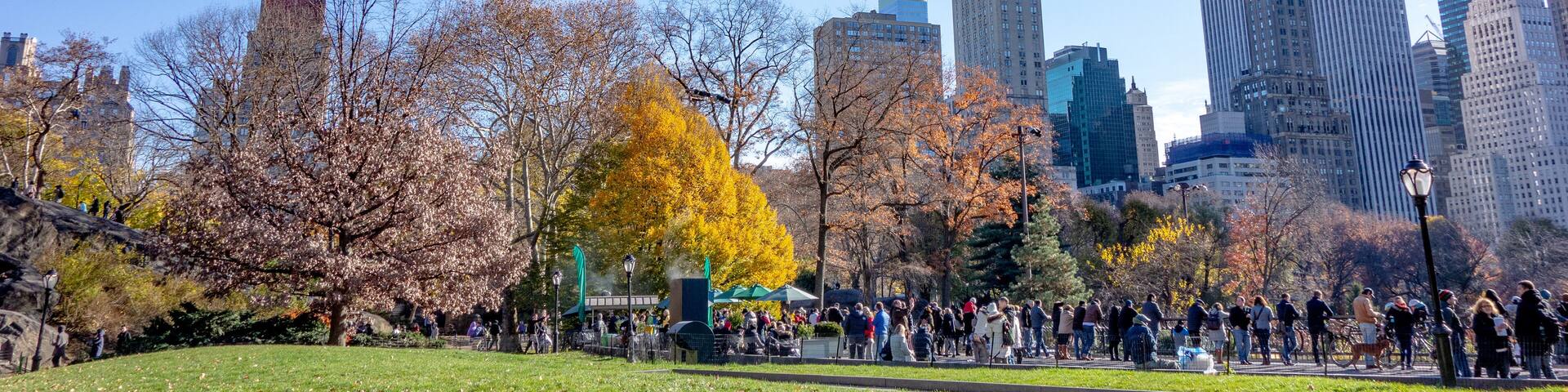 New York, NY, USA - November, 8, 2015: Fall Autumn time in Central Park. Fallen Leaves. People walking with kids and enjoying beautiful season of bright colors and warm weather.