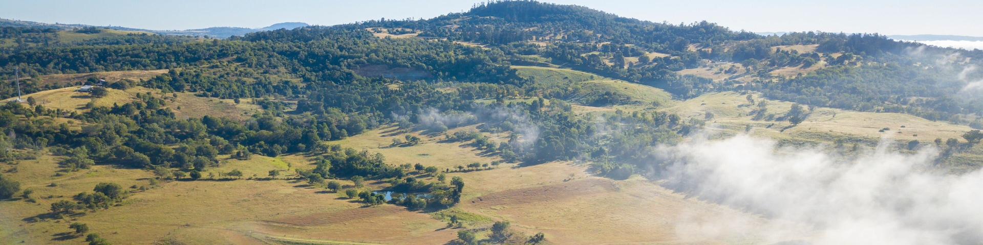 Aerial drone view of a foggy morning in the Scenic Rim, Queensland, Australia