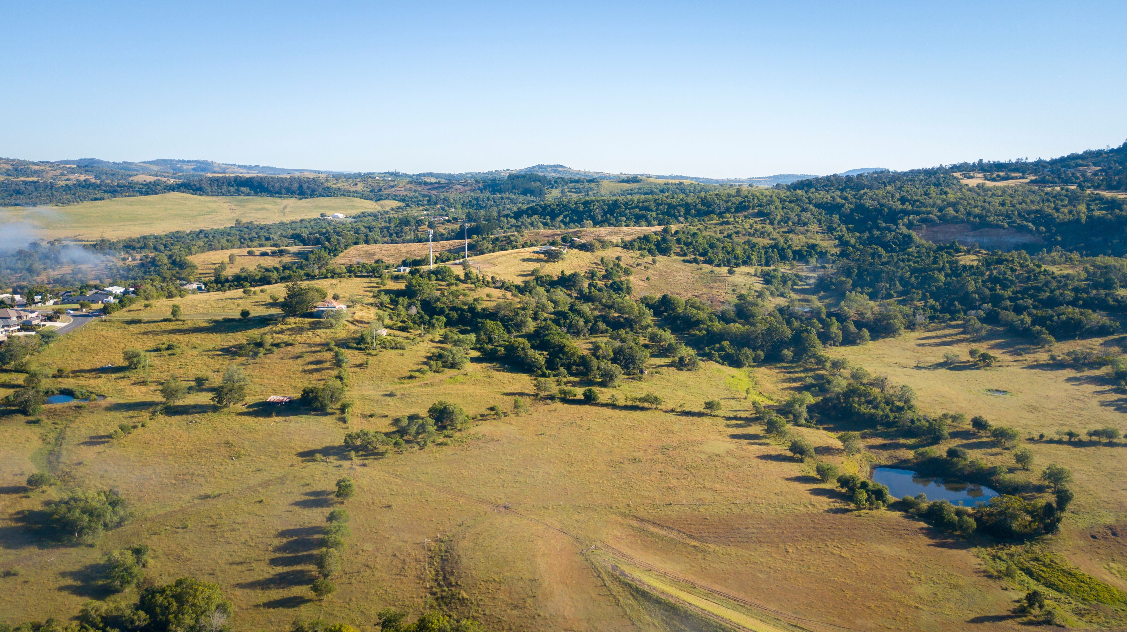 Aerial drone view of a foggy morning in the Scenic Rim, Queensland, Australia