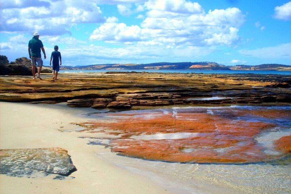 A rocky beach with people walking, a clear sky, and distant hills.