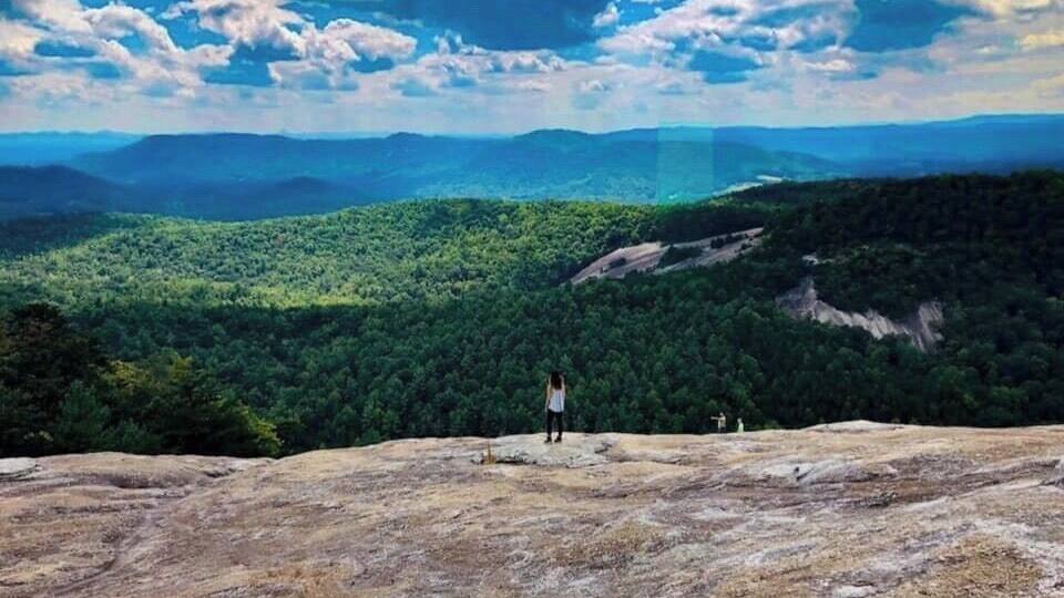A person standing on a rocky outcrop overlooking a forested valley with distant mountains under a partly cloudy sky.