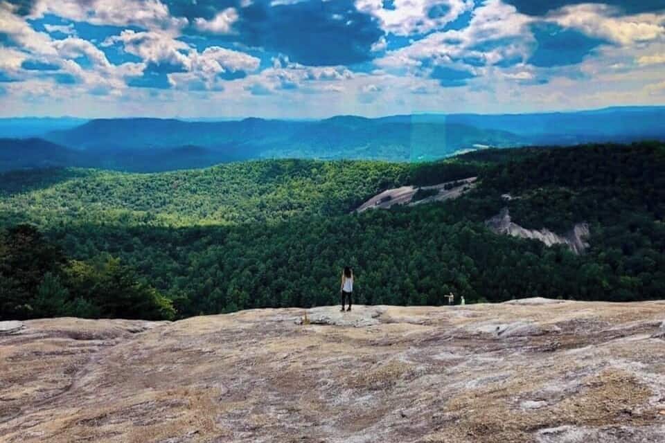 A person standing on a rocky outcrop overlooking a forested valley with distant mountains under a partly cloudy sky.
