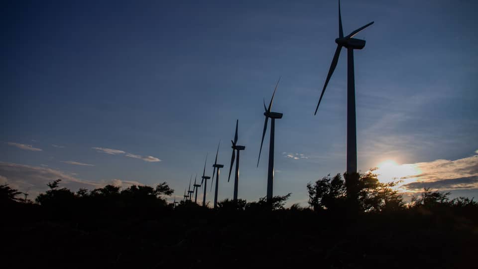 A row of wind turbines silhouetted against a sunset sky.