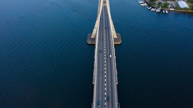 Un ponte attraversa un fiume ampio, collegando due aree terrestri con uno skyline su ciascun lato.
