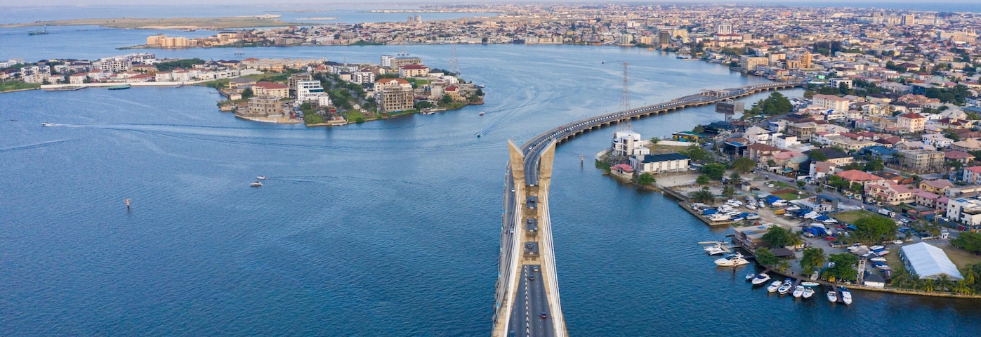 Panoramic view of Lagos Lekki Ikoyi link bridge showing parts of Lekki, Ikoyi and Banana Island, Nigeria.