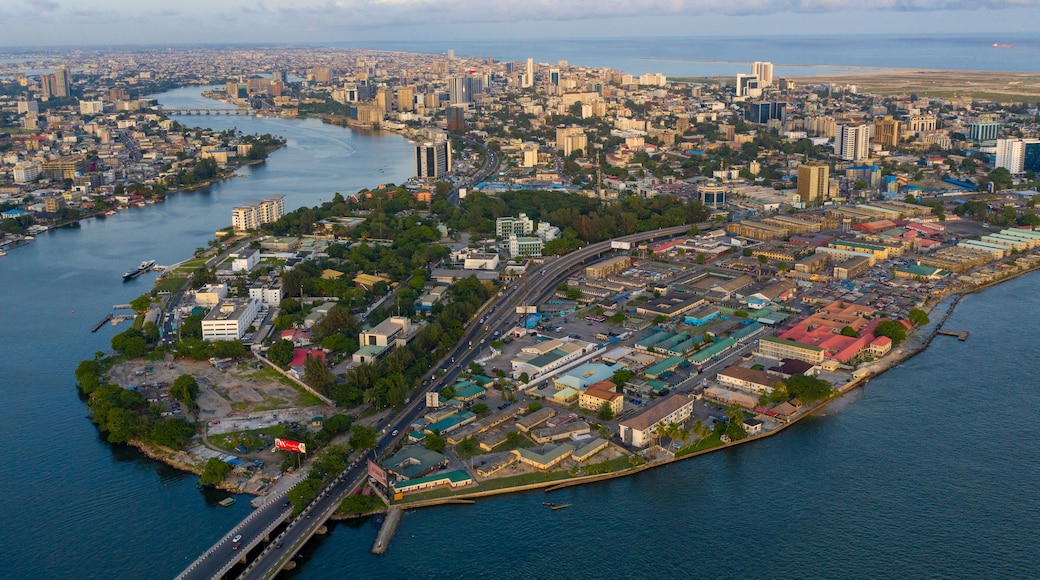 Aerial view of Victoria Island with bridges, trees and highrise buildings, Lagos, Nigeria.