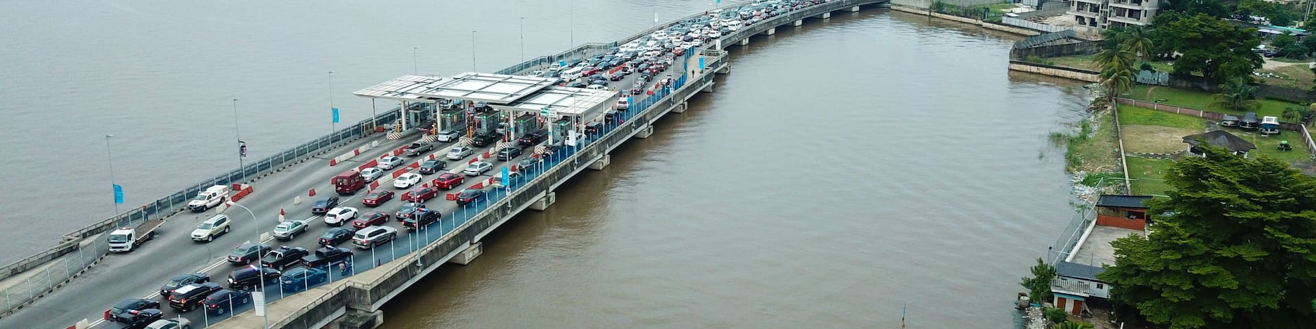 Aerial view of busy traffic on Ikoyi link bridge Lagos Nigeria