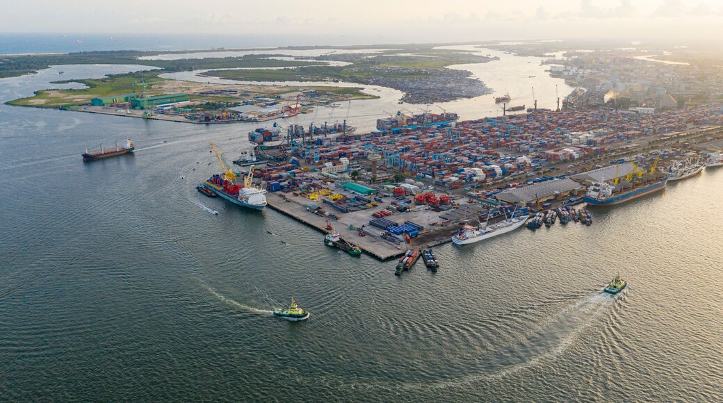 Aerial view of Lagos Port with ships docked at the harbour, Nigeria.