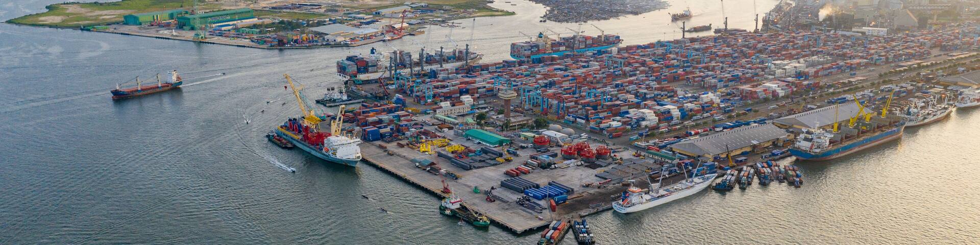 Aerial view of Lagos Port with ships docked at the harbour, Nigeria.