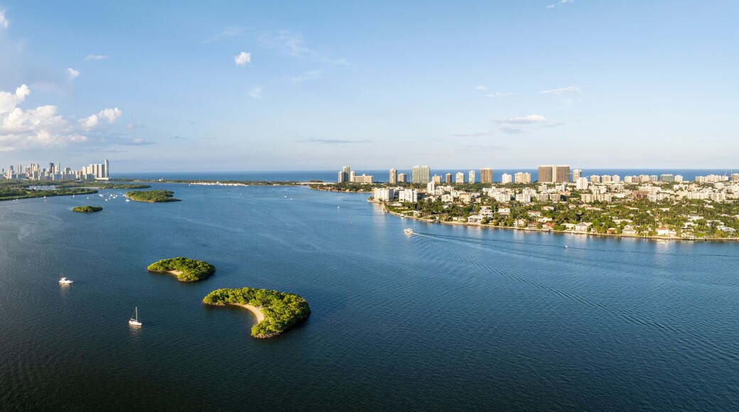 Aerial view of Biscayne Bay with skyline and small islands, Bay Harbor Islands, Florida, United States.