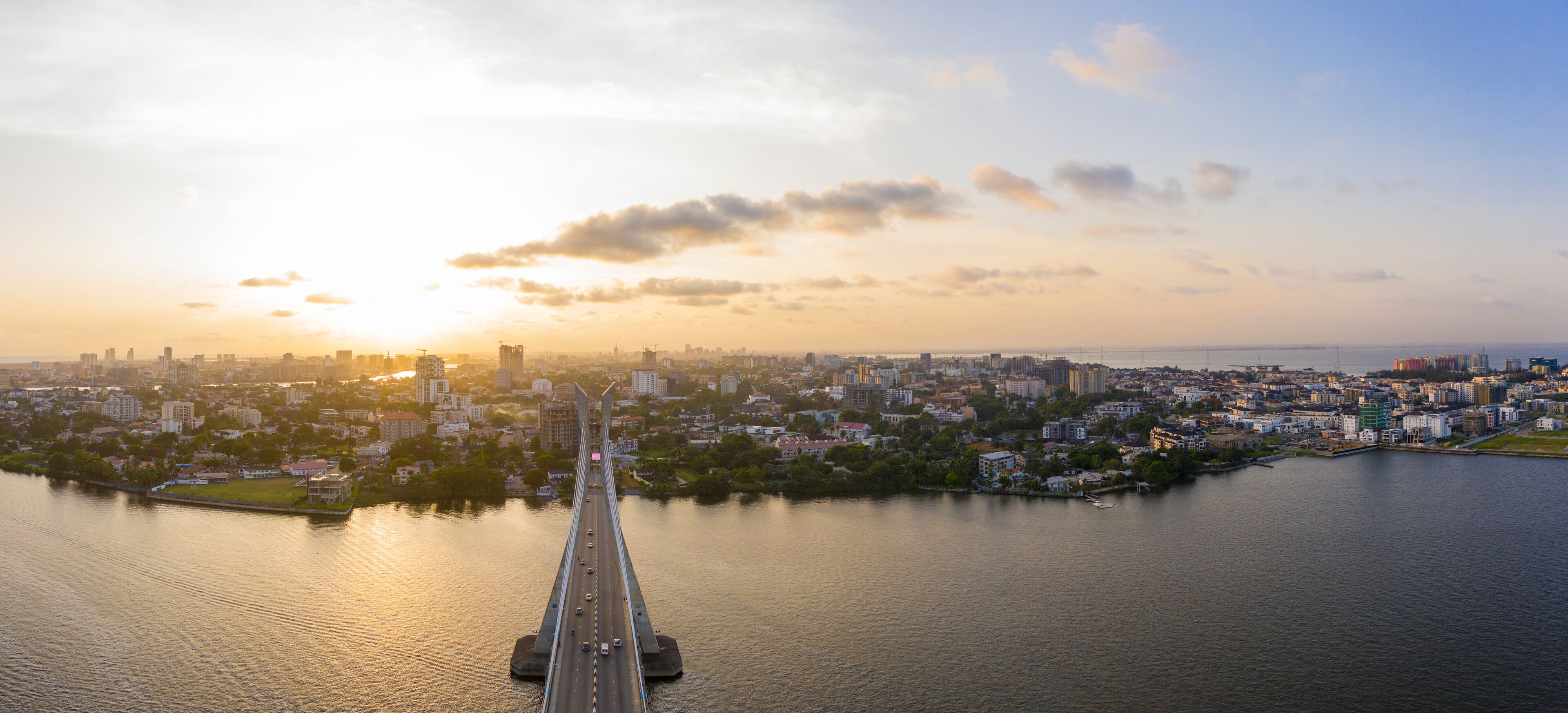 Panoramic view of Lagos Lekki Ikoyi link bridge showing parts of Lekki, Ikoyi and Banana Island, Nigeria.