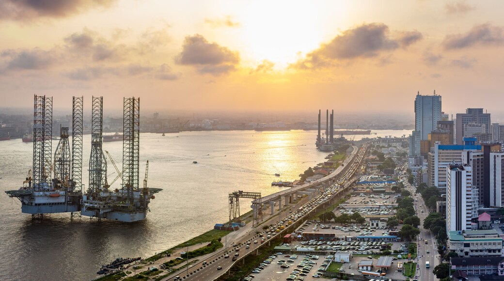 A panorama shot of cityscape of Lagos Island, Nigeria at sunset