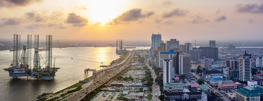 A panorama shot of cityscape of Lagos Island, Nigeria at sunset