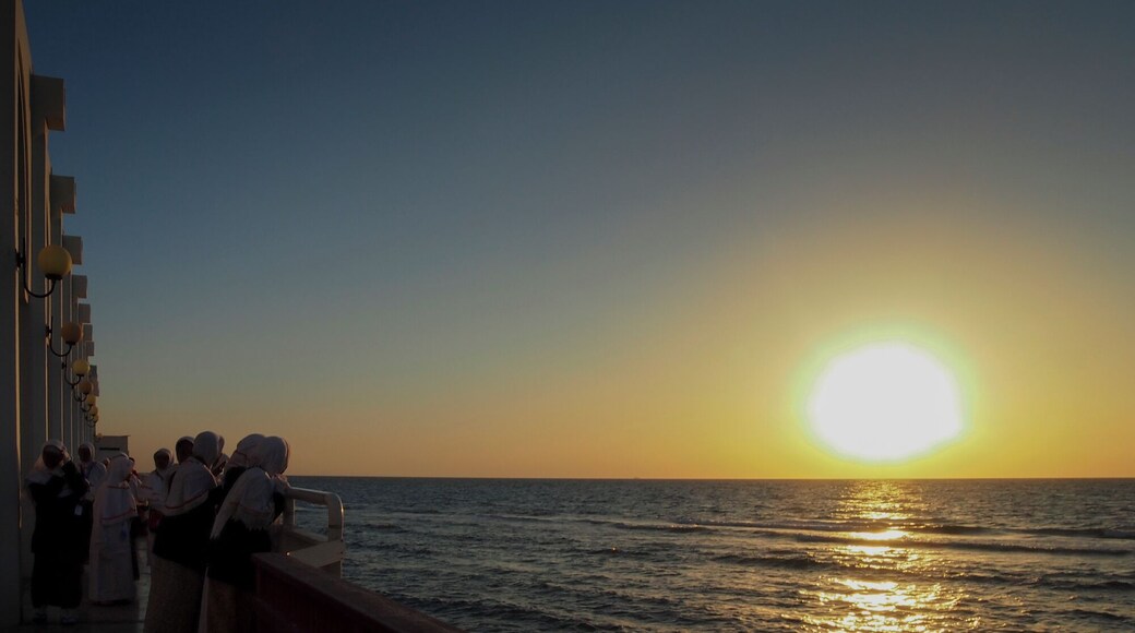 In Jeddah, there is one famous beach for tourists from any religions, not only for moslem. The beach is located in front of Balad Cornichè, the shopping mall and arcade for hajj or umrah pilgrims.
Since the sky in Arab peninsula is often clear and cloudless, you have a big chance to capture the perfect sunset with the big orange sun above the horizon.